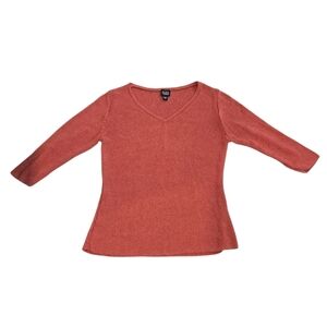 EILEEN FISHER 100% SILK V-NECK CROCHET 3/4 SLEEVE SEMI-SHEER SWEATER. SIZE LARGE
